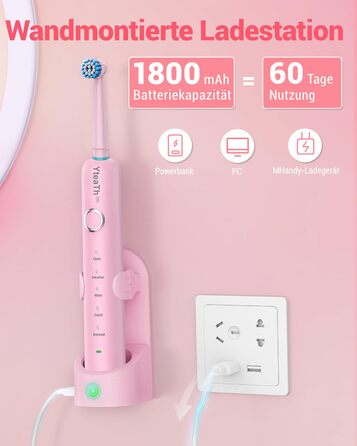 Обертова електрична зубна щітка для дорослих та дітей з 8 насадками, електрична зубна щітка з настінним тримачем та зарядною станцією, 5 режимів чищення та дорожній футляр, 60 днів роботи від акумулятора (Рожева)