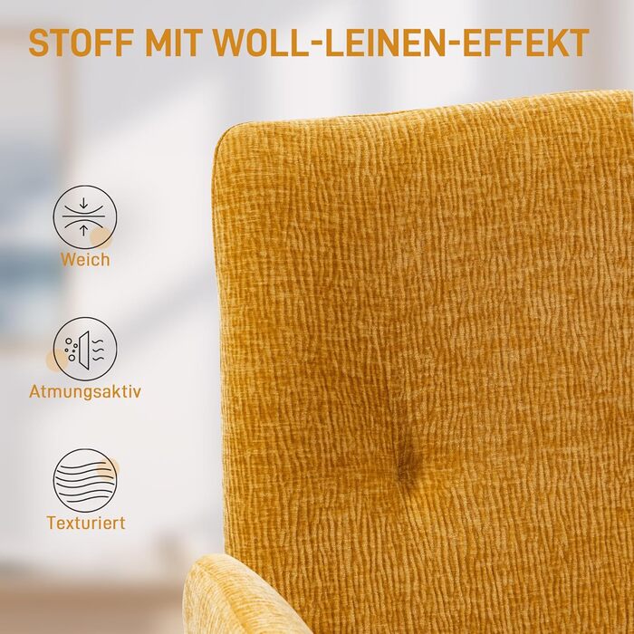 Обертове крісло HOMCOM, крісло для відпочинку з підлокітниками, імітація вовни та льону, сучасне м&39яке крісло з ґудзиками, сталеві ніжки, для вітальні, спальні, жовтий