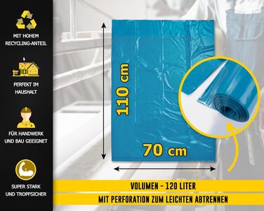 Літрові сині сміттєві мішки, 10 мішків - Надзвичайно міцні - Мішки для сміття - XXL сміттєві мішки - Тип 100 Extra - 120-літрові сміттєві мішки - 70 мкм - 700x1100 мм - LDPE - Великий сміттєвий мішок - 120 літрів - Надміцні 120-літрові сині сміттєві мішки