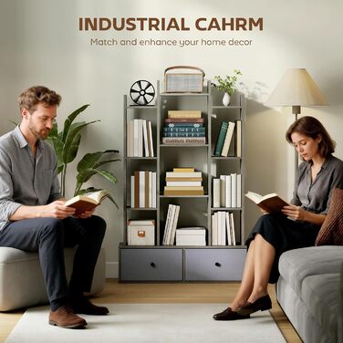 Книжкова полиця HOMCOM Tree, 12-ярусна підлогова книжкова шафа з 2 складними шухлядами, окремостояча книжкова полиця для зберігання речей, вітальні, домашнього офісу, спальні, графітовий ефект дерева