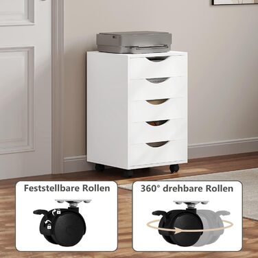 Контейнер на колесах WOLTU з 5 шухлядами, мобільна шафа для документів на колесах, блок з шухлядами, офісна шафа, офісний контейнер, тумба для столу, для домашнього офісу, білий, 40x66,5x40 см, ASK14ws