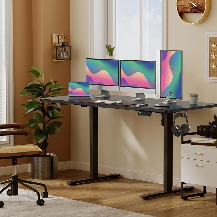 Електричне регулювання висоти столу 160x60 см, регулювання висоти столу з функцією пам&39яті та технологією запобігання зіткненням, колеса, зрощувальна дошка, чорний каркас/чорна стільниця 160 x 60 см, чорнийчорний