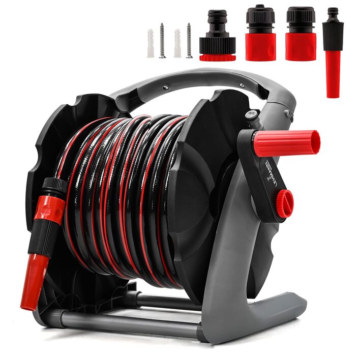 Намотувач садового шланга 20 м - настінний, з ручкою для перенесення - мобільний барабан для шланга з розпилювачем та з'єднувачами 1/2 / 3/4 - підключення до крана 3/4