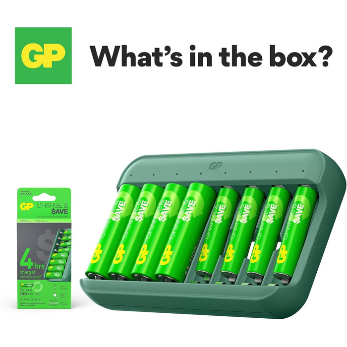 Зарядний пристрій GP Charge&Save для акумуляторів AA AAA з 8 зарядними слотами 4 батарейки AA та 4 батарейки AAA Зарядний пристрій USB-C Швидка зарядка, гнучке заряджання з окремими слотами, багатофункціональний захист, світлодіодний індикатор стану Компл