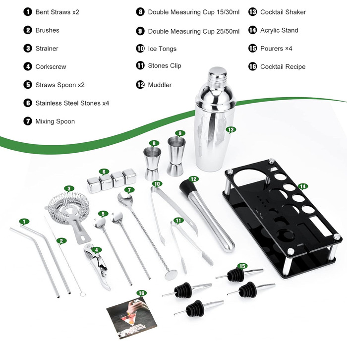Набір бармена з нержавіючої сталі з 23 предметів, з акриловою підставкою та буклетом з рецептами коктейлів (включаючи 4 камені для віскі)