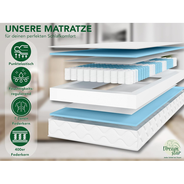 Матрац DREAMSTAR Ergo Flex Duo з пружинами Pocket Spring 140x200 см Ергономічний 7-зонний матрац Сертифіковано Oeko-Tex Рівні жорсткості H2 (0-80 кг) та H3 (80-100 кг) Гіпоалергенний та антибактеріальний Висота 17 см 140 x 200 см