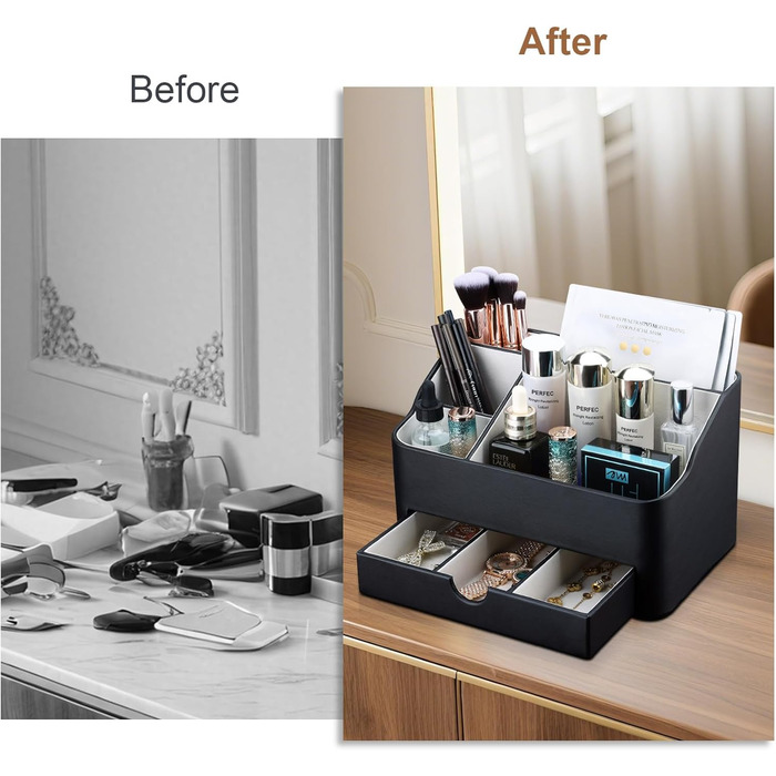 Органайзер для косметики KINGFOM, органайзер для макіяжу зі штучної шкіри з шухлядою, органайзер для догляду за шкірою для туалетного столика (чорний)