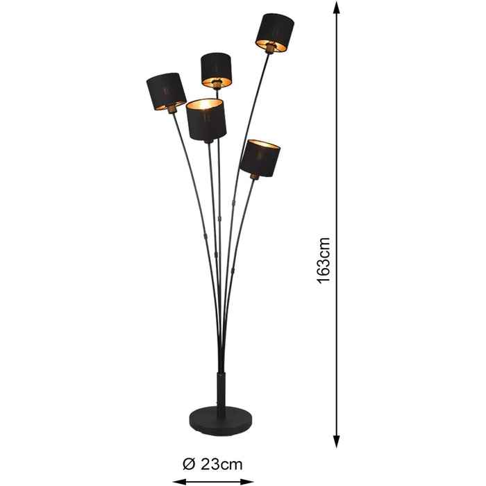 Світильники реальності Торшер Tommy R46335979, Метал Чорний матовий, Тканинний абажур Чорний, Золотий колір, Ексклюзивний 5 шт. E14 Чорний торшер 5-полум'я
