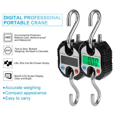 Електронні ваги, цифрові підвісні ваги з РК-дисплеєм, 150 кілограмів, електронні ваги з підвісними гачками та петлею для зважування (чорні)