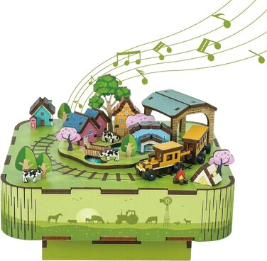 Музична скринька Tonecheer Дерев'яний 3D-пазл, набір моделей для сім'ї котів своїми руками для дорослих, обертова музична шкатулка, дерев'яні пазли Подарунки для прикраси будинку Подарунок на день народження Різдвяний підліток (співає на лузі)