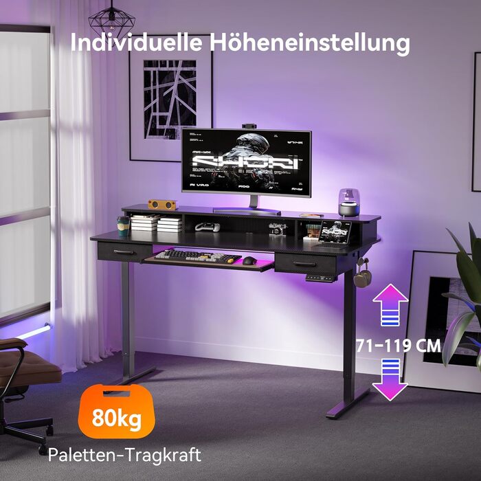 Електричний стіл з регульованою висотою та підставкою для клавіатури, 140x60 см, з 2 шухлядами, комп&39ютерний стіл з підставкою для монітора для домашнього офісу, чорний, 140 x 60 см з підставкою для клавіатури