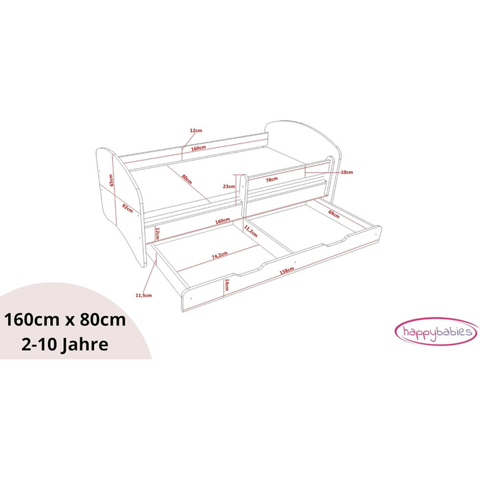 Дитяче ліжко Happy Babies Дитяче ліжко Happy Babies із захистом від падіння та висувною шухлядою Ліжко для дівчаток 160x80 з матрацом 80 x 160 Біла троянда Ліжко принцеси Ксієнжничка З Конікам
