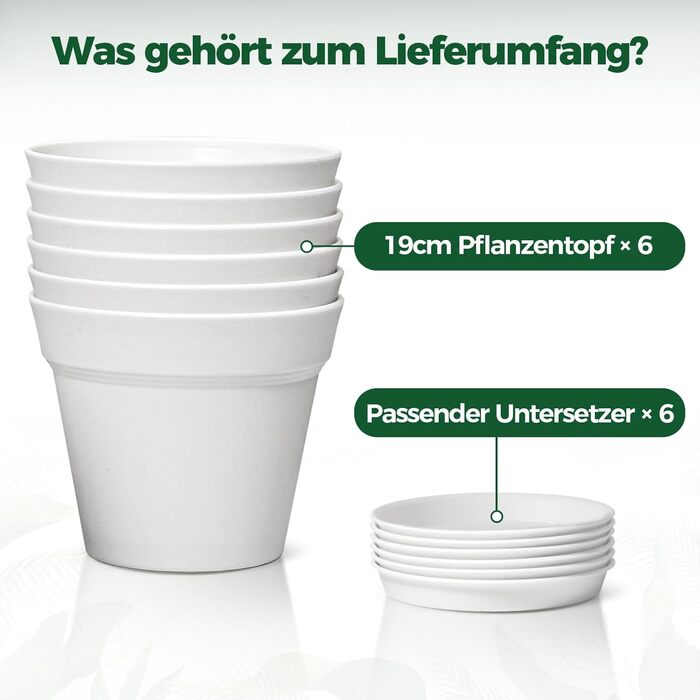 Пластиковий квітковий горщик 19 см з блюдцем, набір із 6 пластикових горщиків для трав з кількома дренажними отворами, круглий горщик для сукулентів у приміщенні та на балконі, білий/розкішний сад 19 см, 4U