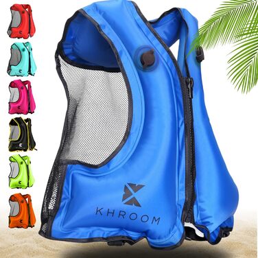 Надувний рятувальний жилет Khroom для дорослих, що відповідає останнім стандартам ЄС Зріст 150-210 см, до 100 кг Жилет для плавання, жилет для підводного плавання для підлітків та старше Сноркелінг, каякінг та SUP (V2 150-210 см, до 100 кг, синій)