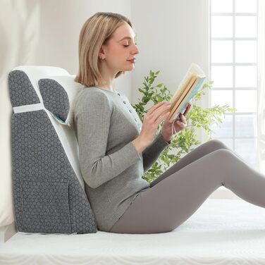 Клиноподібна подушка з додатковим валиком для шиї, клиноподібна подушка для лікування апное сну, полегшення кислотного рефлюксу, болю в спині, похила подушка для дорослих зі знімним темно-сірим валиком, 50 x 50 x 26 см з валиком для шиї