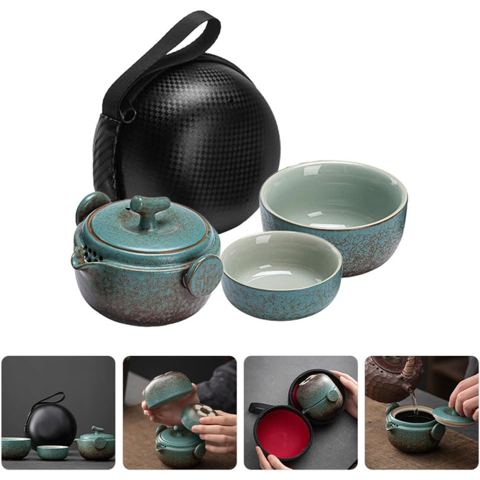 Японський чайний набір для подорожей з керамічної чайнички та чашки. Міцний чохол зі штучної шкіри для любителів чаю та повсякденного використання.