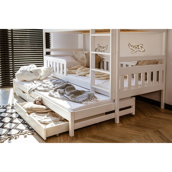 Дитяче колективне ліжко-горище 90x200 з висувним ліжком Двоярусне ліжко з висувною функцією, дві шухляди, решітчастий каркас, захи
