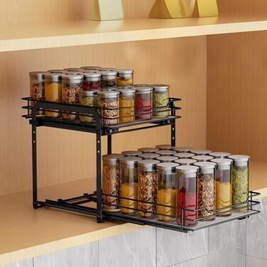 Висувна підставка для спецій, 2 рівні, підставка для спецій, органайзер для кухонної шафи, місце для зберігання спецій, верхній та нижній кошики можна висувати окремо, підставка для спецій, що стоїть