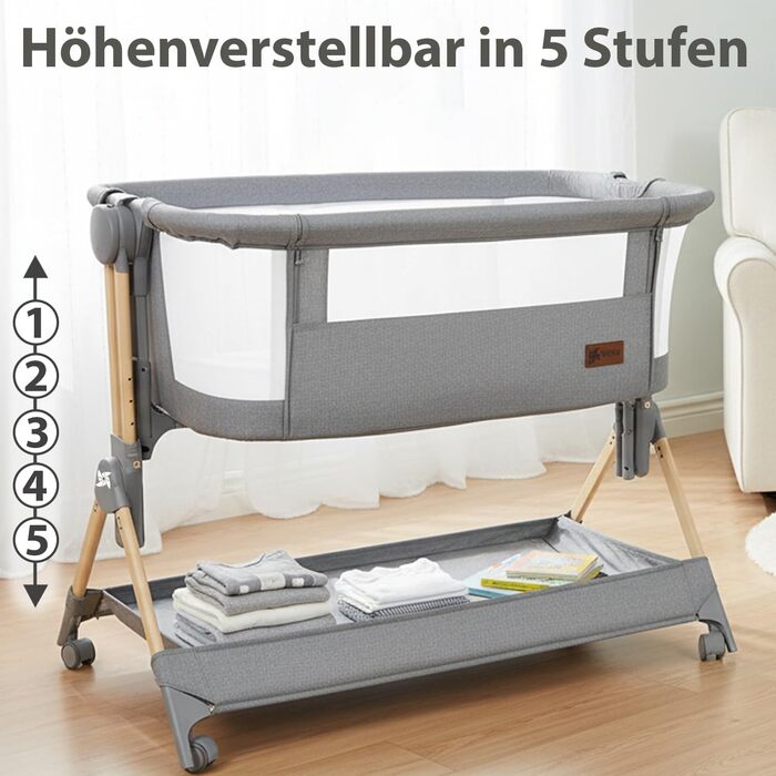 Приліжкове ліжечко Baby Comfortly з колесами Складане та регульоване по висоті (5 рівнів), дихаюче, підходить від 0 місяців до 9 кг, в комплекті матрац, простирадло та сумка не потрібно збирати (колір дерева)