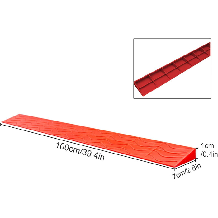 Пороговий пандус, Бордюрний пандус, Нековзний пандус висотою від 1 до 6,5 см, Побутовий, Нековзні сходинки, Пандуси, Дверний отвір для велосипеда, Інвалідний візок, Прибирання, Робот, Гараж, Склад 100x7x1 см Червоний