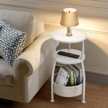 Круглий приставний столик, 3-ярусний круглий маленький столик, маленький журнальний столик, тумбочка біля ліжка, з тканинною кишенею, столик для вітальні, тканинний кошик, диванний столик для декору кімнати, дерево, метал, сучасний (білий)