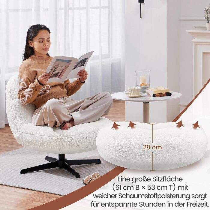 Крісло Yaheetech з тканини букле, м&39яке крісло без підлокітників, сидіння з поворотом на 360, крісло для вітальні/спальні/вітальні, білий колір