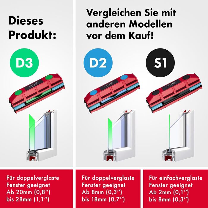Тірольський магнітний засіб для миття вікон Одинарний та подвійний склопакет ТІЛЬКИ 20мм-28мм Очищувач скла Glider D-3 Мотузка для захисту від падіння 3М Двостороннє чищення Для подвійного вікна товщиною 20-28 мм (зелений)