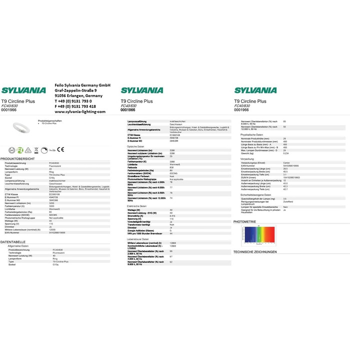 Люмінесцентна лампа SYLVANIA T9, цоколь G10q, 40 Вт / 3200 люмен, еквівалент прибл.