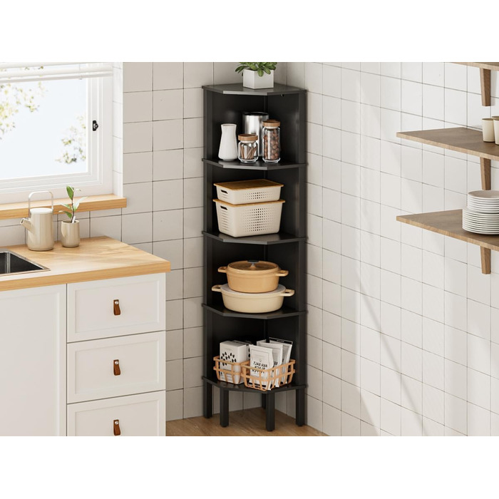 Кутова полиця, кутова книжкова полиця з 5 полицями, полиця для рослин, полиця для зберігання речей у вітальні, офісі, спальні, 127x29x29 см, чорна
