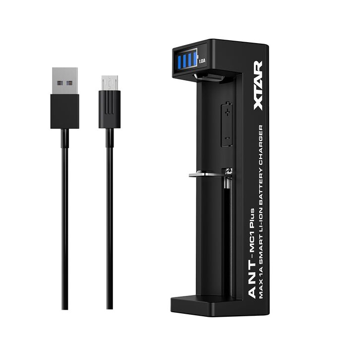Зарядний пристрій XTAR MC1 Plus USB-C для літій-іонних акумуляторів 18650, 21700, 26650, 14500, 18350 - розумний зарядний пристрій 0,5A/1A з РК-дисплеєм, активацією 0V, відновленням після перерозряду, швидкою зарядкою через USB-C