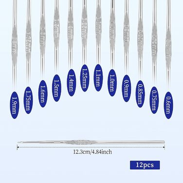 Гачок для вязання 12 шт. Тонкий, найменший гачок з нержавіючої сталі 0,6-1,9 мм, гострі гачки для тонкого вязання, металевий гачок невеликих розмірів, ідеальний для початківців, гостра та тонка пряжа