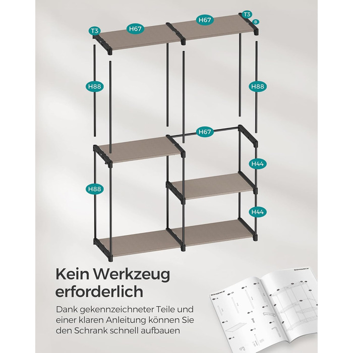 Відкрита шафа, вішалка для одягу, штанга для одягу, шафа, 3 підвісні полиці, багато місця, для спальні, вітальні, 138 x 43 x 182 см, сіро-коричневий RYG025R02 сіро-коричневий 138Д x 182В см