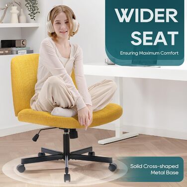 Широке офісне крісло COLAMY, м&39яке офісне крісло без підлокітників, поворотне крісло для домашнього офісу, функція гойдання 115, ергономічне комп&39ютерне крісло для домашнього офісу, для макіяжу, ігор (з колесами, жовтий) Жовтий з колесами