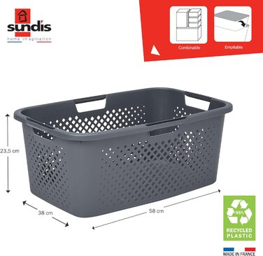 Кошик для білизни 40 л, виготовлений з переробленого пластику, сірий, 4 бічні ручки, вентиляція з усіх 4-х сторін 40 л сірий