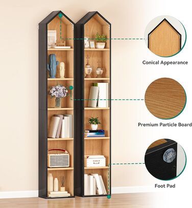 Висока вузька книжкова полиця, кутова тонка у формі будинку, 6-ярусна окремостояча книжкова полиця, компактний дизайн для зберігання речей у домі та офісі, чорний та дубовий, 30Ш 23,5Г 181В см, 2 шт. чорного кольору*2 шт. 23,5Г x 30Ш x 180В см