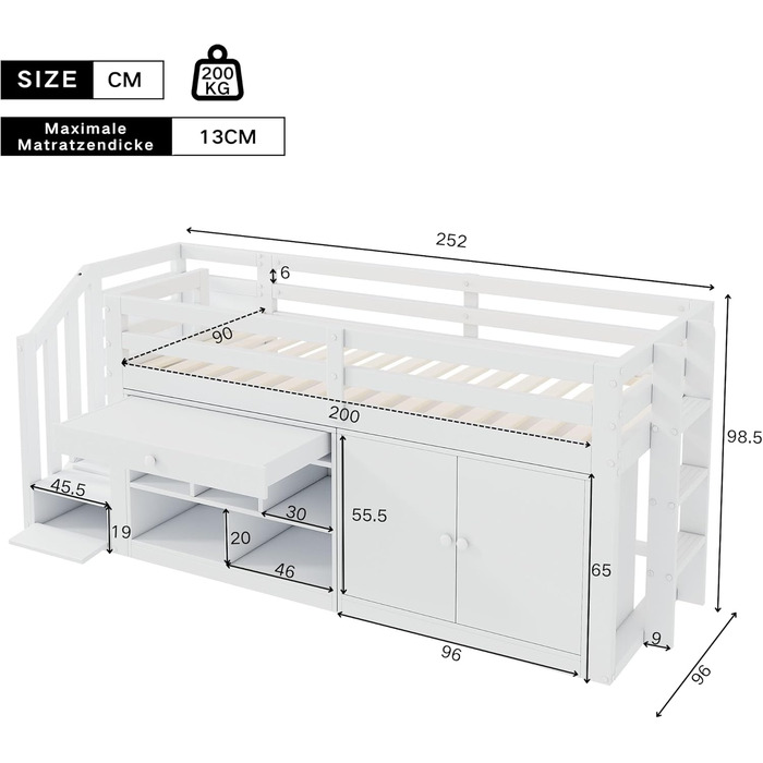 Дитяче ліжко 90x200, ліжко-горище з письмовим столом, шафою для зберігання та сходами для зберігання, дерев&39яне ліжко із захистом від падіння та рейковою основою, односпальне ліжко, дитяче ліжко, функціональне ліжко, ліжко з місцем для зберігання, карка