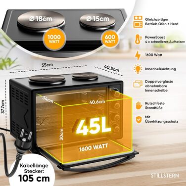 Міні-піч Stillstern з конфорками (45 л, піца Ø32 см, 7в1 аерофритюрниця, розморожування, гриль, тостер, запікання, смаження, варіння) кошик для смаження, конвекція, гриль, брошура з рецептами, ідеально підходить для кемпінгу