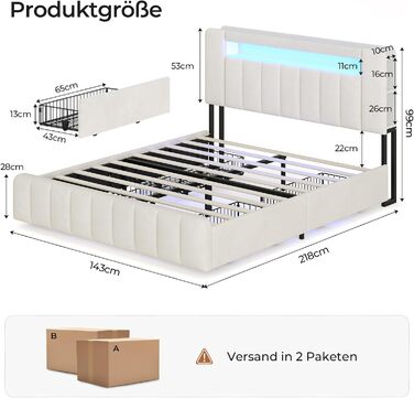 М&39яке ліжко 140x200 см з місцем для зберігання - 4 шухляди, Дитяче ліжко зі світлодіодним освітленням та зарядною станцією, Двоспальне ліжко з оксамитовим узголів&39ям, Ліжко 140x200 з рейковим каркасом - Матрац не входить до комплекту, Бежевий оксамит 