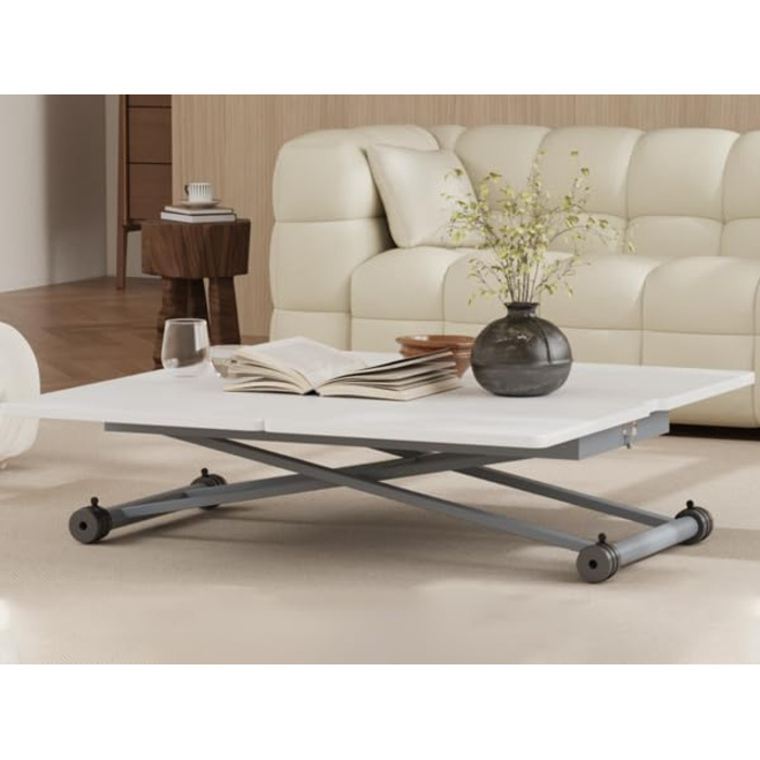 Журнальний столик VOWNER з регульованою висотою, розсувний обідній стіл 3-в-1, що економить місце, для їдальні, поворотний, трансформується у вітальню, обідній стіл, вітальню та багато іншого (білий з деревним малюнком)