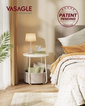 Круглий бічний столик VASAGLE, маленький столик, маленький журнальний столик, столик для вітальні, тканинний кошик, місце для зберігання у вітальні та спальні, сучасна тумбочка, матовий білий-верблюжий коричневий LET223W10 матовий білий верблюжий коричнев