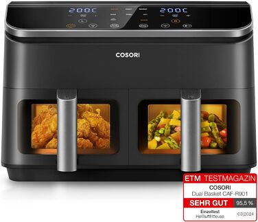 Аерофритюрниця COSORI з подвійною камерою, фритюрниця Max 8.5 л з аксесуарами, фритюрниця з 50 онлайн-прийомами, функціями 8 в 1, оглядове вікно, енергозбереження, чорний 8.5 л чорний