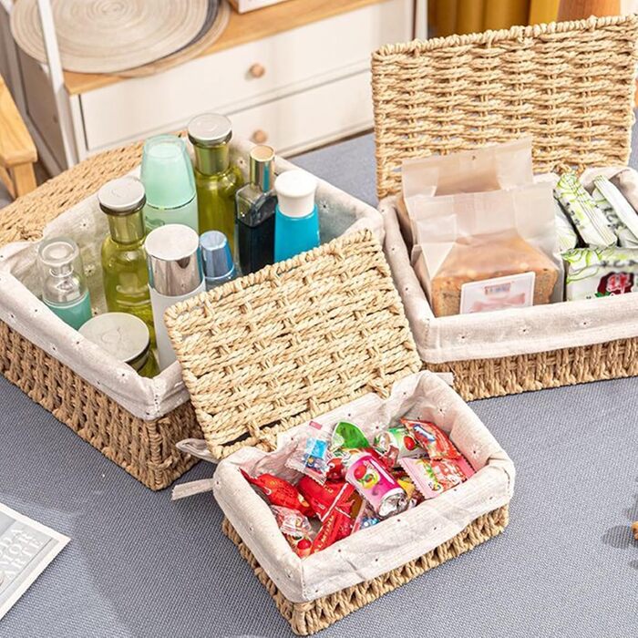 Набір із 3 кошиків для зберігання з кришками плетені кошики з паперової мотузки, 3 розміри, з підкладкою, кошики в стилі бохо для ванної кімнати, іграшок, вітальні та спальні.