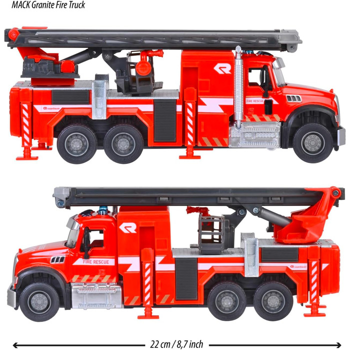 Пожежна машина від 3 років (22 см) - повністю обладнана пожежна машина Mack Granite для дітей, з висувною драбиною (35 см), кошиком, гумовими шинами, синім світлом та сиреною