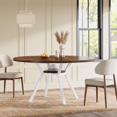 Круглий обідній стіл Tribesigns для 4 осіб, круглий обідній стіл 120 см з металевою основою, кухонний стіл з полицею для зберігання для дому, їдальні, вітальні, білий (коричневий)