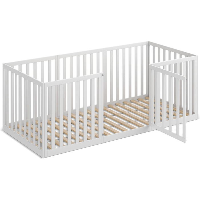 Дитяче ліжко CADANI Teso 90x200 см Ліжко-ліжко Монтессорі з дверцятами та захистом від падіння, 6 варіантів складання, масив сосни білого кольору, можна використовувати як манеж, вкл. рейкову основу 90 x 200 см білого кольору з дверцятами