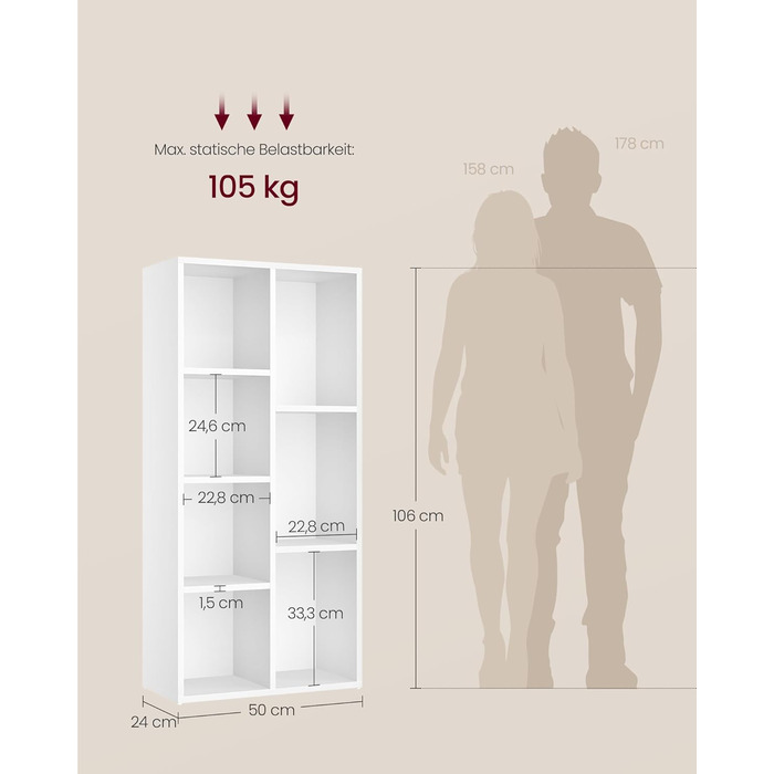 Книжкова шафа VASAGLE, книжкова полиця, з 7 відділеннями, офісна полиця, кубічна полиця, окремостояча полиця, для вітальні, спальні, офісу, дитячої кімнати, біла LBC27WT Біла 7 відділень (24Г x 50Ш x 106В см)