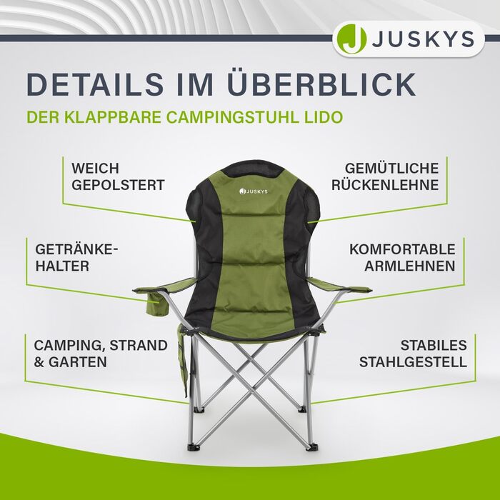 Складаний кемпінговий стілець Juskys Lido з тримачем для напоїв, бічною кишенею та сумкою для перенесення - М&39який складний кемпінговий стілець з підлокітниками та спинкою - 4 кольори зеленого кольору