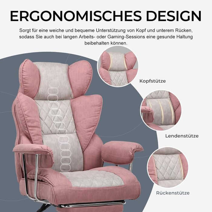Ігрове крісло GTPLAYER, офісне крісло з пружинною опорою для попереку, ергономічне та зручне широке офісне комп&39ютерне крісло з м&39якими підлокітниками та підставкою для ніг, що виходять назовні, рожева тканина