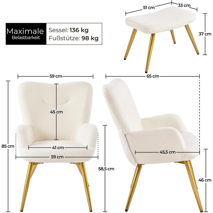 Крісло-крило Yaheetech з пуфом для ніг з тканини букле, реклайнер з підставкою для ніг, шезлонг зі складною спинкою, крісло під телевізор для вітальні/спальні кольору слонової кістки