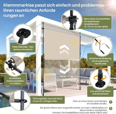 Вертикальний тент із затискачами для зовнішнього використання, 150 x 305 см Вертикальний тент з ручним приводом, свердління не потрібне Екран для балкону та вітрозахисний екран для саду та патіо, бежевий, 150 x 305 см